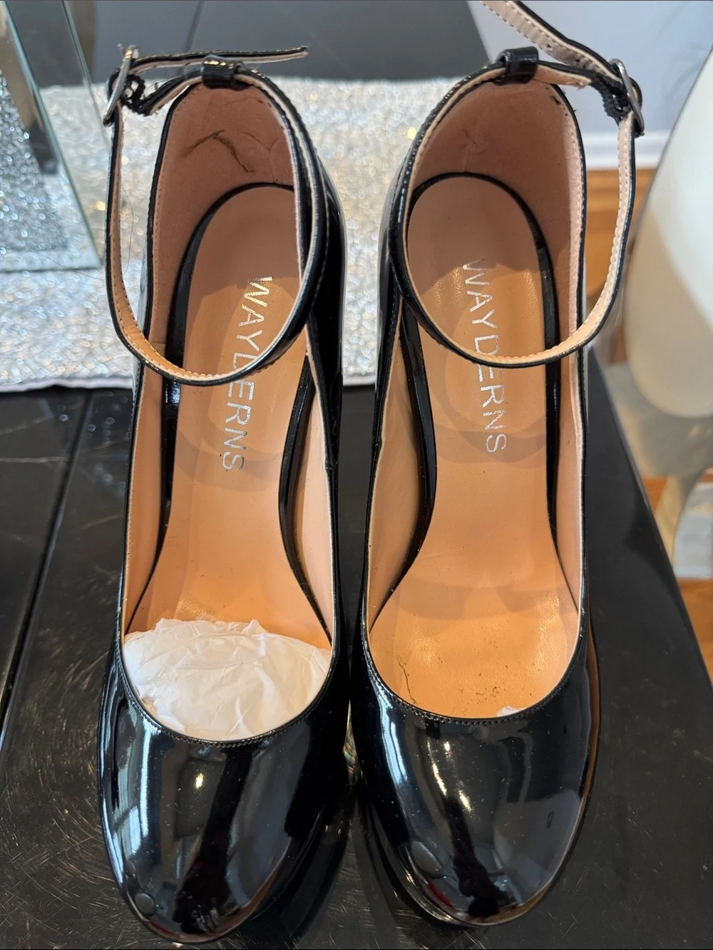 Black Patent Platform Ankle-Strap Pumps by VAYDERNS